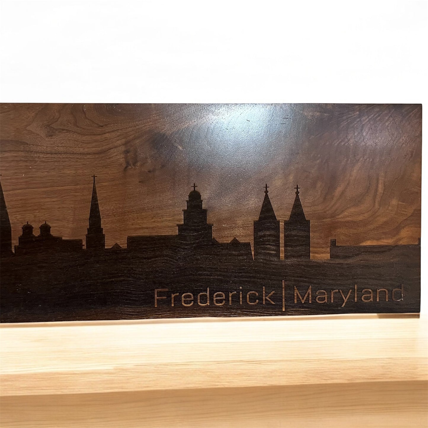 Frederick Maryland skyline Sign - Solid Walnut with Laser Engraved Spires