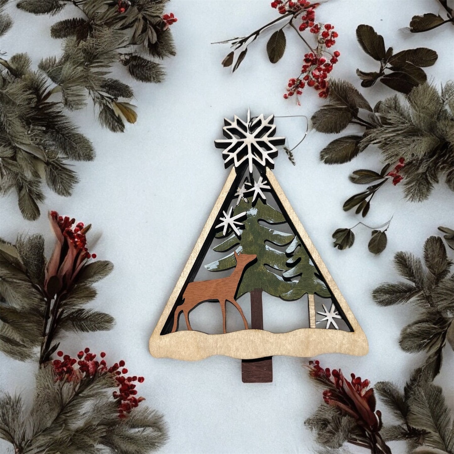 Deer in the Forest Ornament - Layered Wood Christmas Tree Scene