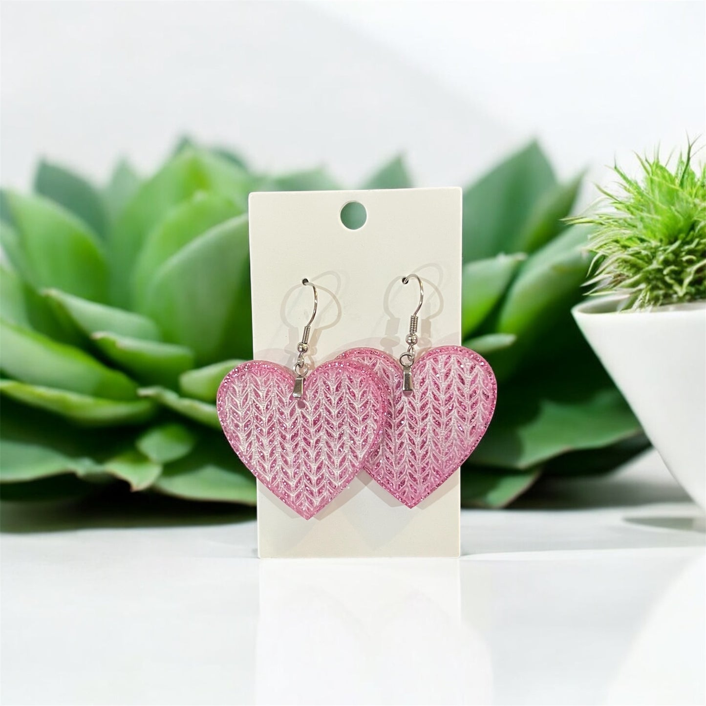 Pink Knit Heart Acrylic Earrings