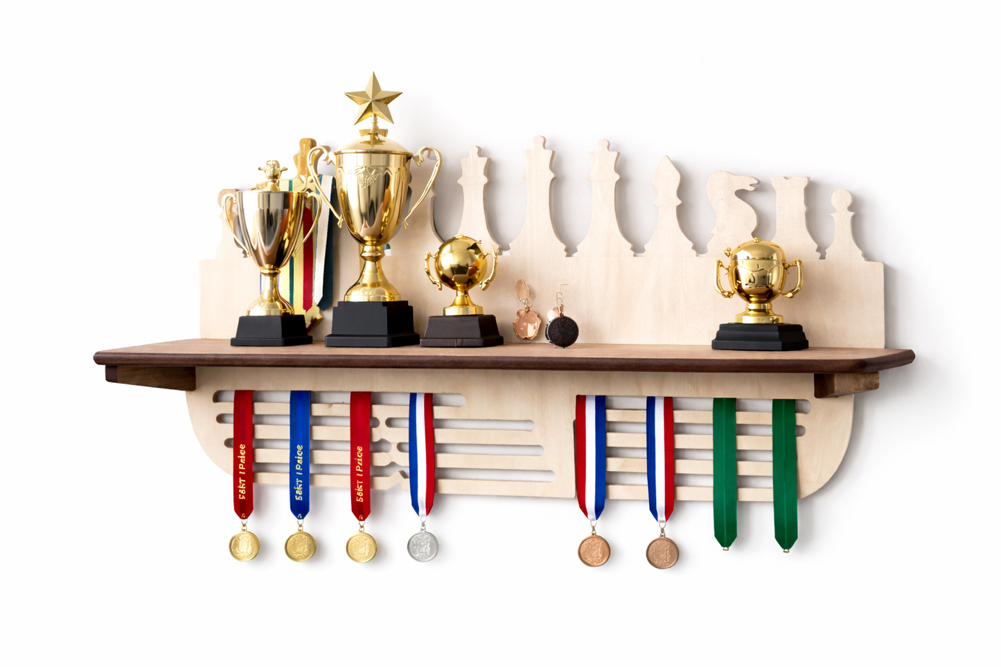 Trophy and Medal Display Shelf
Chess Design
Natural Wood or Black Finish