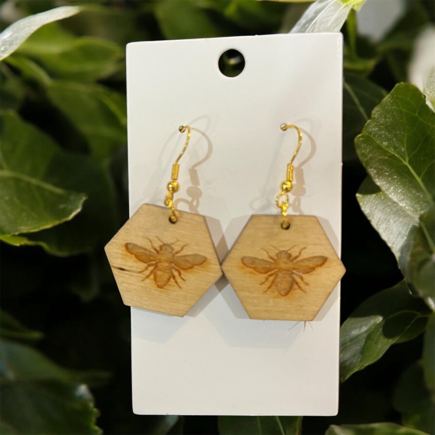 Laser Engraved Bee Earrings - Natural Hexagon Design