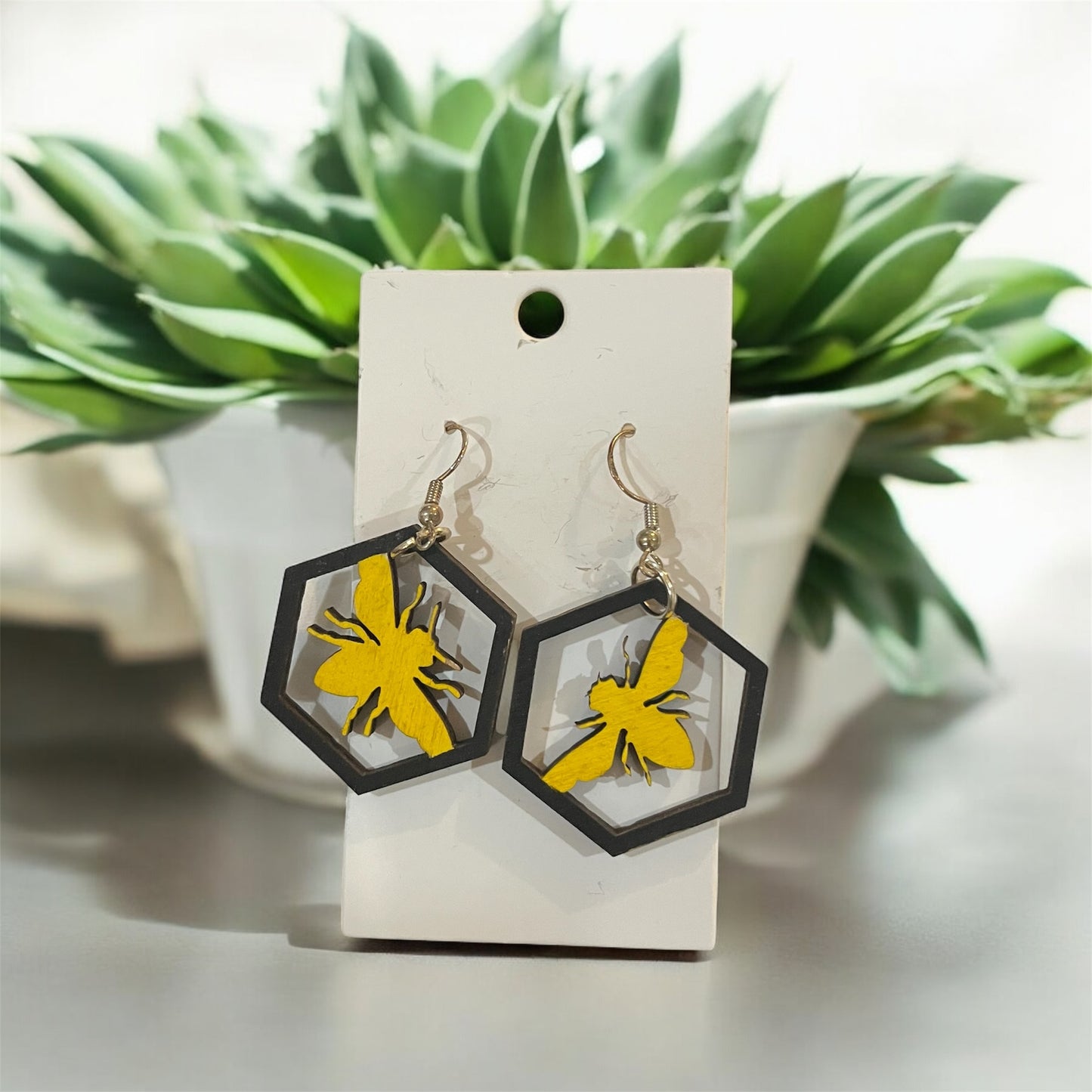 Bee Hexagon Earrings Acrylic and Woodq