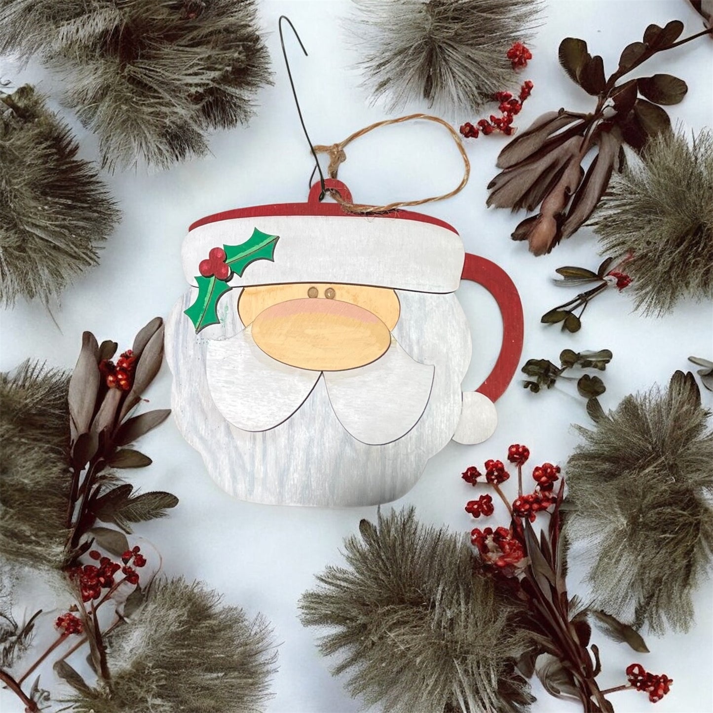 Santa Mug Ornament - Handcrafted Wooden Christmas Decor