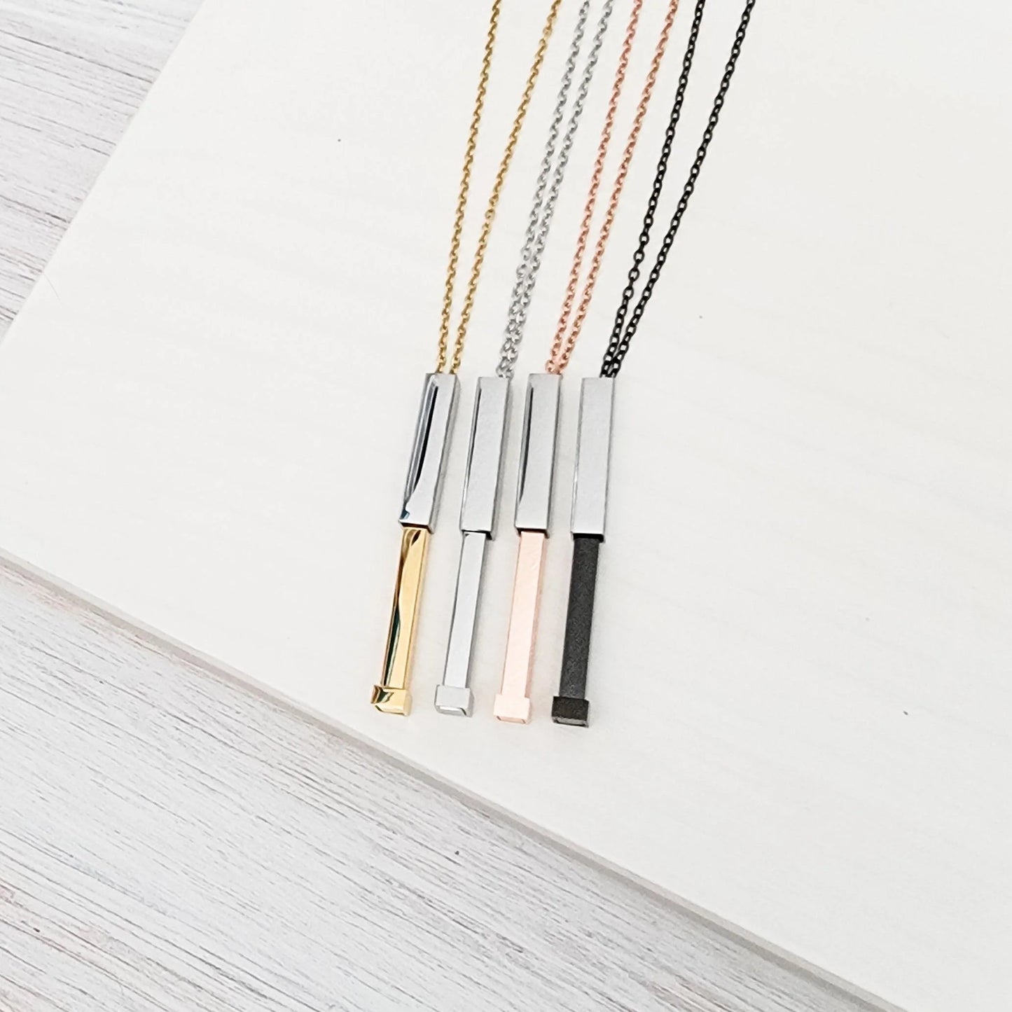 Hidden Message Bar Necklace | Mixed Metal Cylinder Pendant | Personalized Secret Message Jewelry