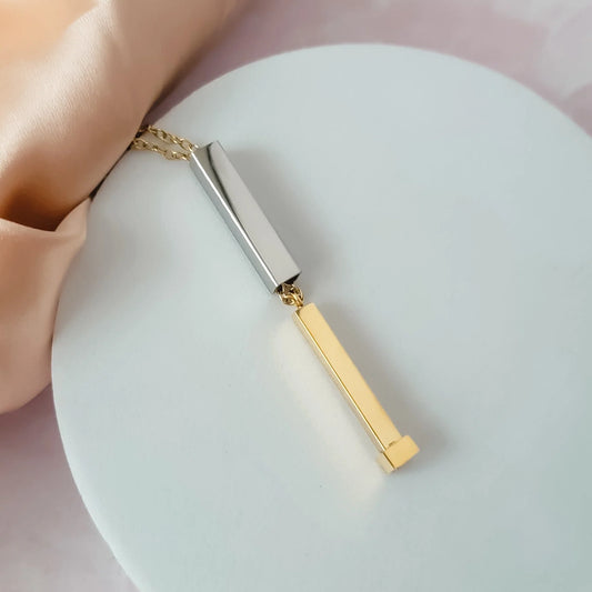Hidden Message Bar Necklace | Mixed Metal Cylinder Pendant | Personalized Secret Message Jewelry