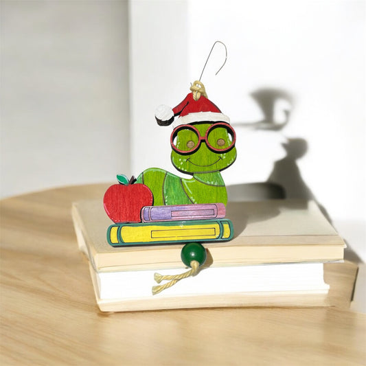 Personalized Santa Bookworm Ornament - Teacher & Reader Gift