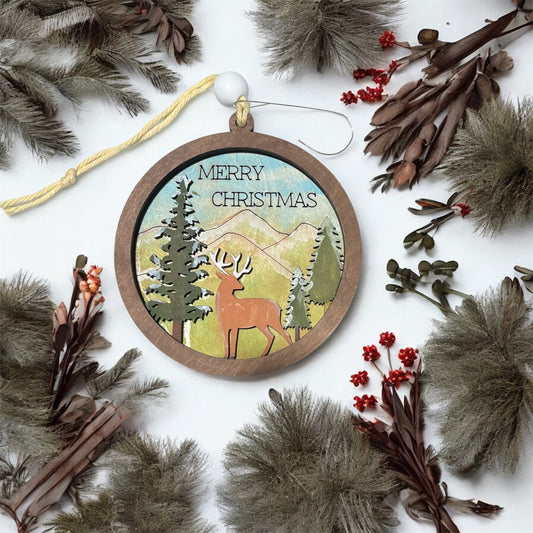 Merry Christmas Deer Ornament - Hand painted Scenic Wood Holiday Decor