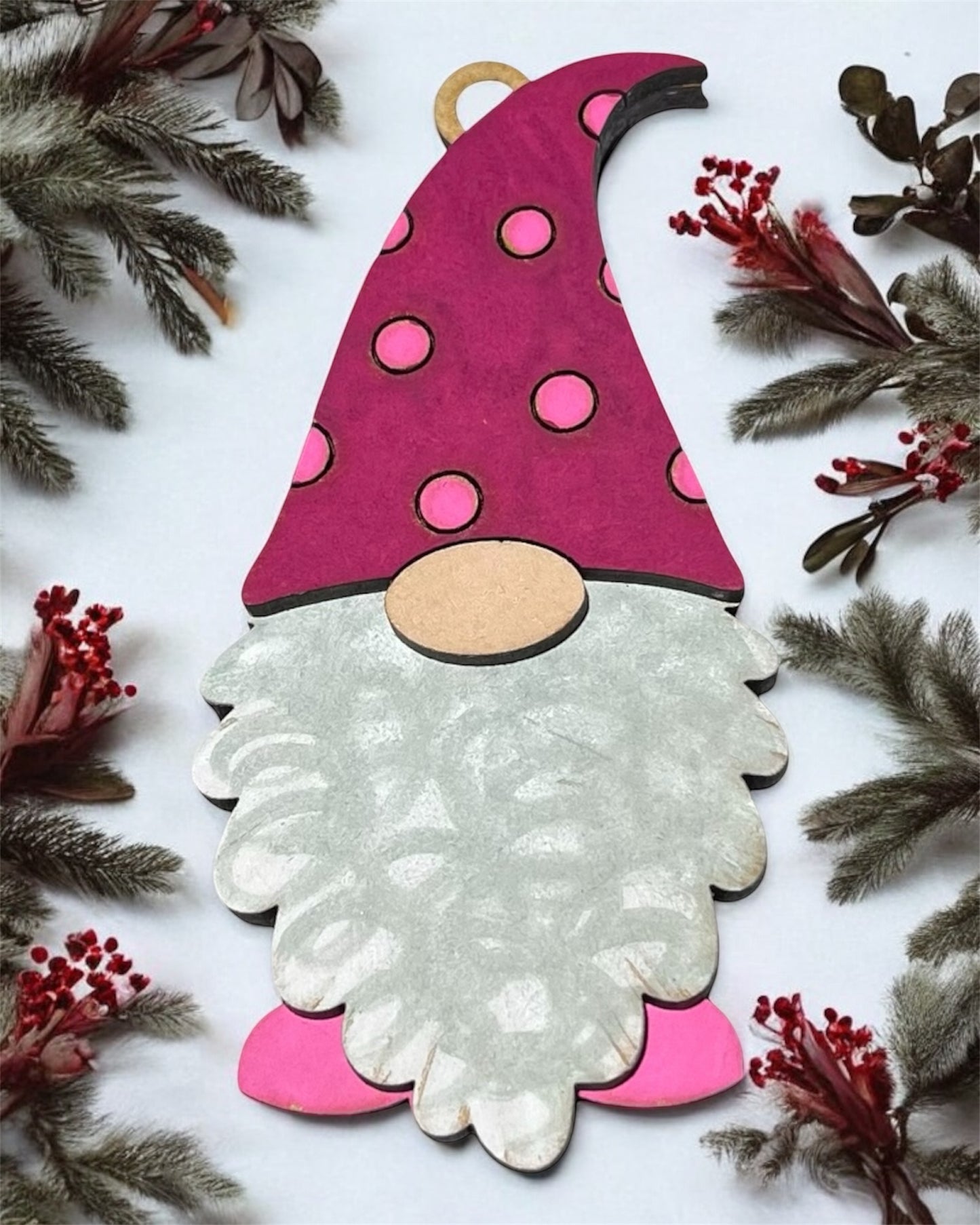 Pink Gnome Christmas Ornament - Hand Painted Holiday Decor