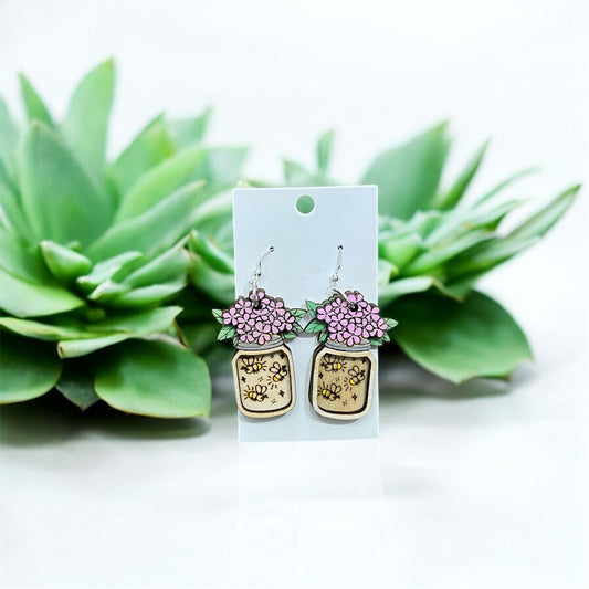 Hydrangea & Lightning Bug Jar Wood Earrings