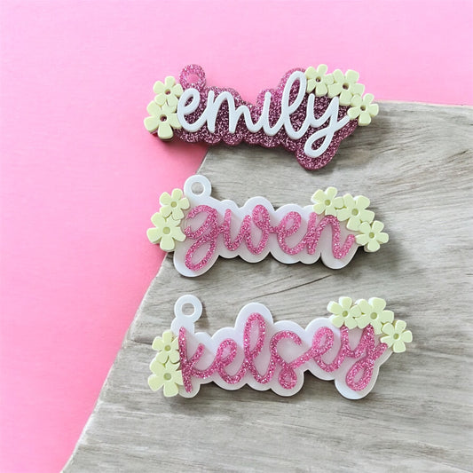 Personalized Acrylic Name Keychains - Glitter Floral Bag Tags