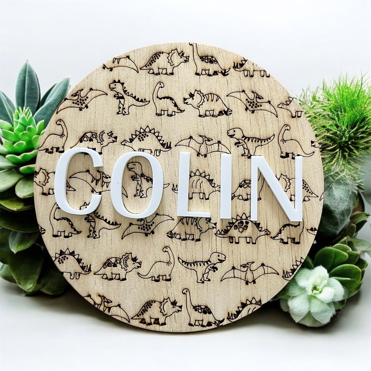 Personalized Dinosaur Nursery Name Sign - Round Wood Backer with Acrylic Letters