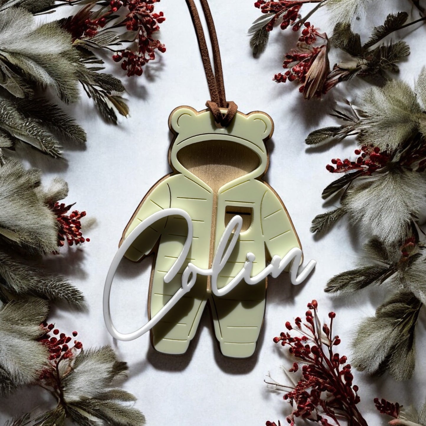 Personalized Baby Snowsuit Ornament – Custom Name Tag • Laser Engraved Keepsake