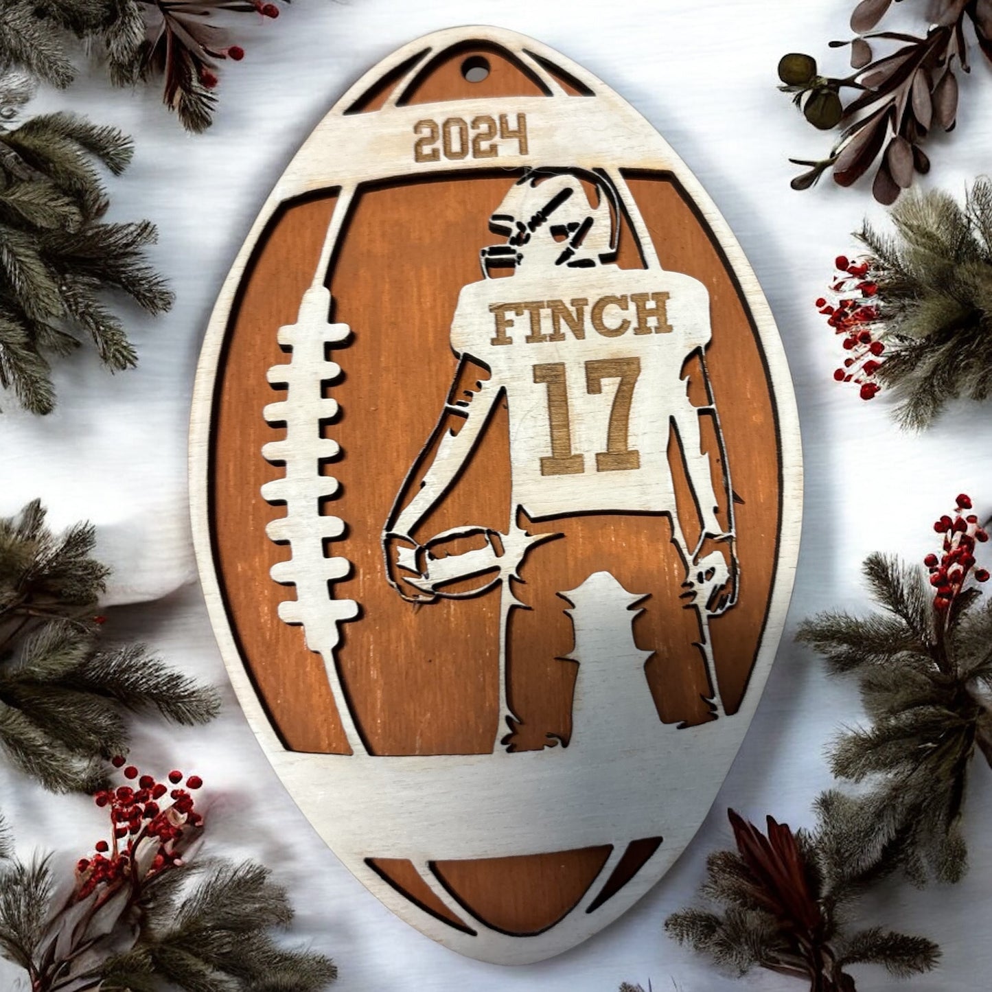 Personalized Football Player Ornament • Custom Name and Number • Wood Cut Sports Ornament • Gift for Athletes and Fans