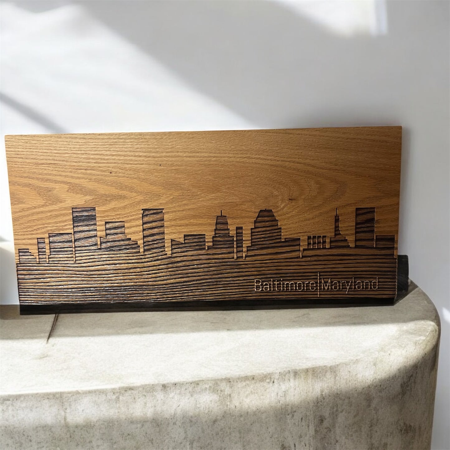 Baltimore Maryland  Skyline Sign - Solid Oak with Laser Engraved Skyline