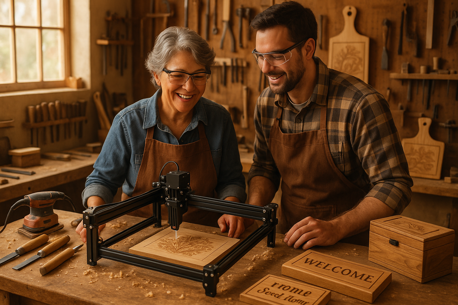 mother son woodworking and laser engraving business